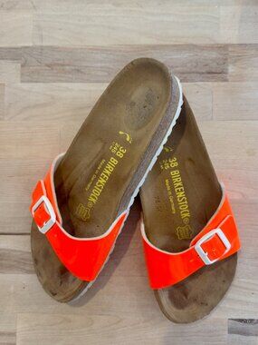 Birkenstock neon orange buckle slides 38 / 7.5